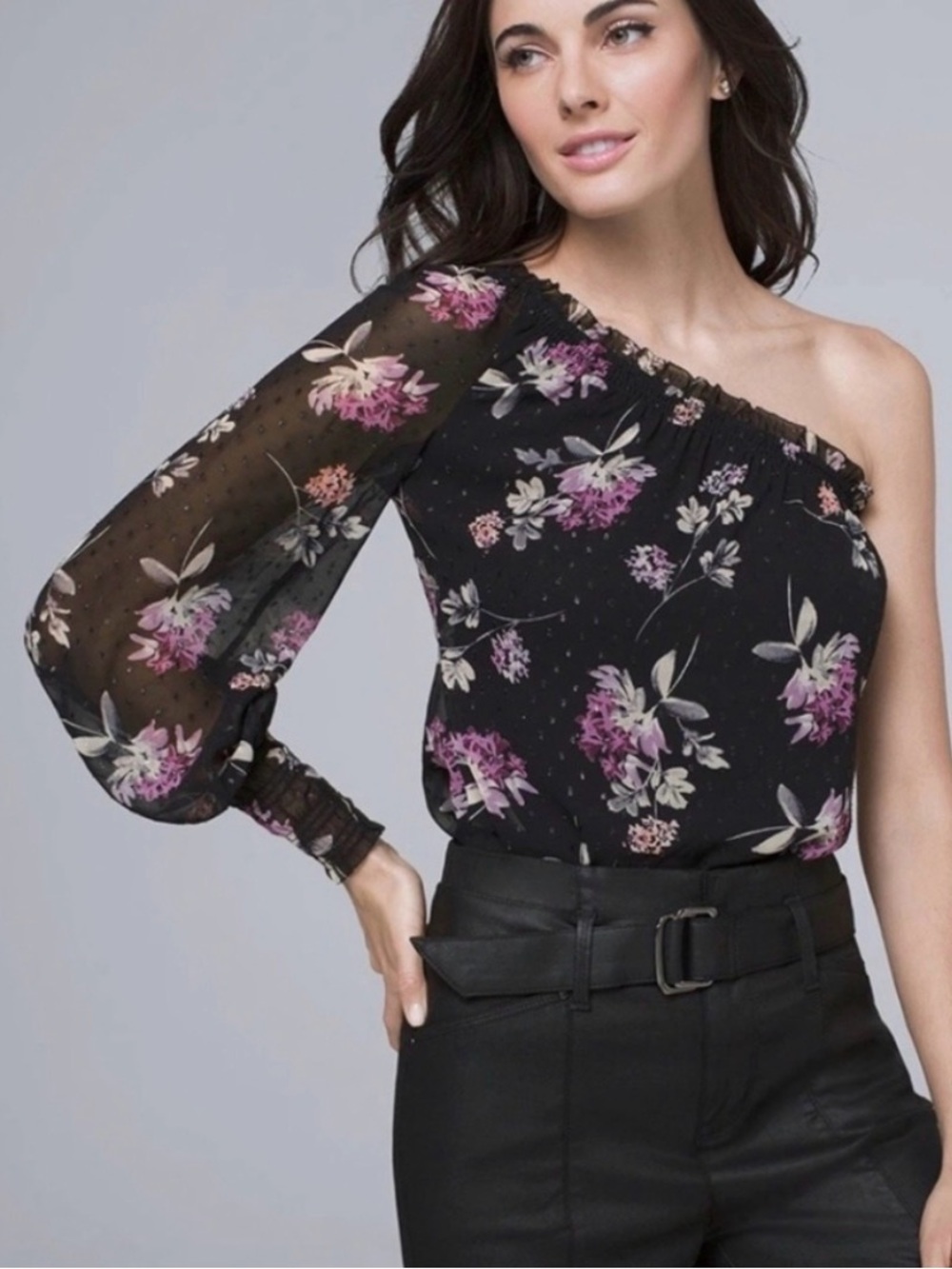 WHBM One Shoulder Asymmetrical Floral Clip Dot Blouse